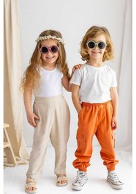 Resim Oliven The Kid Oliventhekid Bej Keten Asimetrik Pileli Yanlar Lastikli Kız Çocuk Pantolon Bej Bej 