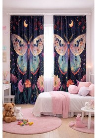 Resim Çocuk Odası Çift Kanatlı Fon Perde Ay Yıldızlı Gece Kelebeği Desenli 