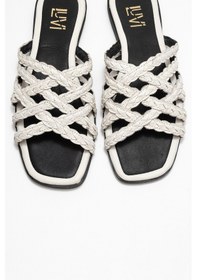 Resim Luvishoes Luvi Shoes Alısha Ekru Hakiki Deri Örgü Bantlı Kadın Terlik Ekru 
