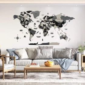 Resim 3D Ahşap Dünya Haritası - Gri, Siyah ve Krem Modern Duvar Dekoru - 150x80 cm / Fransızca 