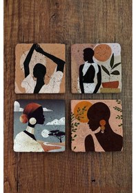 Resim Doğal Taş Bardak Altlığı 4'lü Set - Kadın Figürleri Desenli - Stone Coasters Çok Renkli 