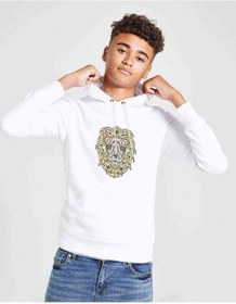 Resim Lion Floral Baskılı Unisex Çocuk Kapüşonlu Beyaz Sweatshirt 