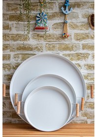 Resim Kitchen Trend Ahşap Kulplu Metal Çay Kahve Sunum Tepsi Seti 3'lü 