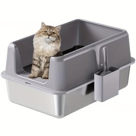 Resim Kapalı Paslanmaz Çelik Kedi Tuvaleti, Büyük Kediler İçin Ekstra Büyük Boy XL, Yüksek Kenarlı Metal Tıpa Tepsisi, Kokusuz ve Sızdırmaz, Temizlemesi Kolay, Kürek Dahil 