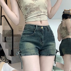 Resim 1 adet K2261 Kadın Yüksek Belli kot Şort - Rahat Düz Renkli Yıkanmış Kot Şort, Düğmeli Kapatma, Streç Kumaş, İlkbahar/Yaz İçin Hafif, Normal Kalıp 