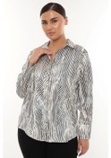 Resim Lycra Jakarlı Saten Büyük Beden Kadın Gömlek Şık Ve Rahat Uzun Kollu Desenli Gömlek Beyaz 