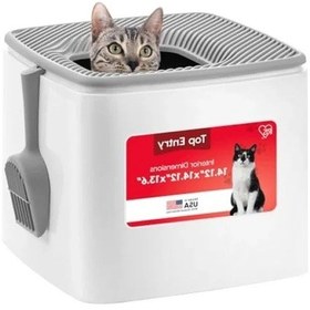Resim Büyük Boy Üst Girişli Kedi Kumu Kutusu - Beyaz/gri Açık Ahşap 