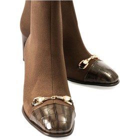 Resim Kadın Süet Bot Tokalı Kroko Detaylı Topuklu Fermuarlı Kahve Lureva Kahverengi 