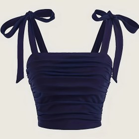Resim Deniz Mavisi Omuzları Açık Bağcıklı Kırpma Üstü - Esnek Polyester ve Elastan Karışımı, Makinede Yıkanabilir, Bahar/Sonbahar için Kadınlar Günlük Stili 