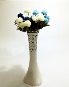 Resim 40cm Uzun Desenli Krem Mavi Beyaz 3 Renk Karanfil Çiçekli Vazo 