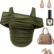 Resim Şık Kadınlar İçin Tek Omuzlu Crop Top - Düz Yeşil, Buruşuk Tasarım, Kumaş, Yaz Şık, Çok Yönlü Rahat ve Resmi Giyim, Bayanlar Tank Top 