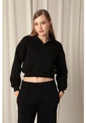 Resim Üç İplik Patlı Yakalı Kısa Kadın Sweat-siyah Çok Renkli 