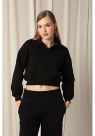 Resim Üç İplik Patlı Yakalı Kısa Kadın Sweat-siyah Çok Renkli 