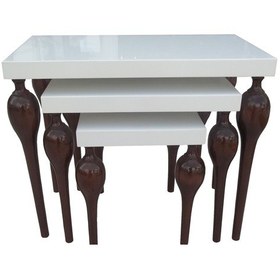 Resim Zigon Sehpa TOMBUL Model Torna Kayın Ayak Parlak Beyaz ve Ceviz Natüre Modern çizgi El Yapım 