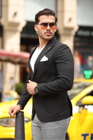 Resim BERDA İTALYAN STİL SİVRİ YAKA SİYAH BLAZER ERKEK TEK CEKET SİYAH 