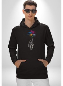 Resim Gezegenler Balon Astronot Yükselişi Kadın Erkek Siyah Kapüşonlu Sweatshirt Hoodie Siyah 