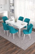 Resim Canisa Eva Serisi 80x132 Açılabilir Mdf Mutfak Masası Takımı Beyaz Masa 6 Turkuaz Sandalye 