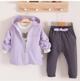 Resim 3-18 Ay Kız Bebek Takımı Prences Kapişonlu 3'lü Lila Lila 