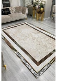 Resim Modern Desenlerde Kadife Dokulu Lastikli Kaymaz Sünger Tabanlı Halı Örtüsü Beej Kahve 300 400 Bej 