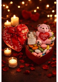 Resim Aşk Dolu Hediye Kalp Kutuda Melek Kar Küresi & Ayıcık & Draje Çikolata Sevgililer Günü Hediye Seti Çok Renkli 