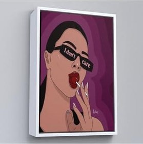 Resim Ahşap Çerçeveli I Don't Care Pop Art Kadın Tablo 55x75 cm Beyaz, TTÇ.KNV7681FRM 