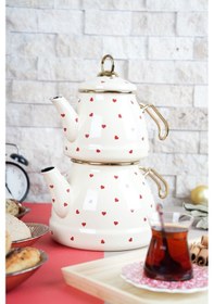Resim Lady Chef Kalp Desenli Emaye Çaydanlık Takımı 