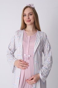Resim Çizgili Bisiklet Yaka ve Uzun Sabahlıklı 2'li Hamile Lohusa Gecelik Seti - 2319 - Pudra / 2XL / Terlik ve Taç Seti İstemiyorum 
