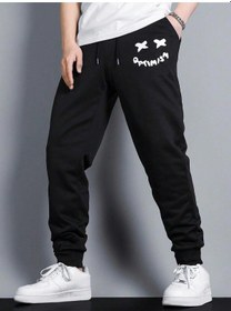 Resim Expression Print Drawstring Waist Eşofman Altı Siyah 