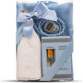 Resim Eşarp + Takke + Esans + Tesbih + Zikirmatik Hediye Seti Asetat Kutulu, Mavi Mavi 