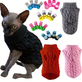 Resim 5'li Set Rahat Örme Kedi ve Köpek Kazakları ve 4 Adet Çorap - Küçük ve Orta Boy Evcil Hayvanlar İçin Yumuşak Kazaklar, Kedi ve Köpekler İçin Uygun, Kış ve Sonbahar İçin Sıcak, Seçilebilecek 5 Renk, Makinede Yıkanabilir 