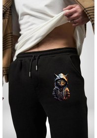 Resim Angemiel Hip Hop Gençlik Kedi Çeket Pamuklu 3 İplik Siyah Eşofman Altı Erkek Oversize Kesim Dijital Baskılı Siyah 