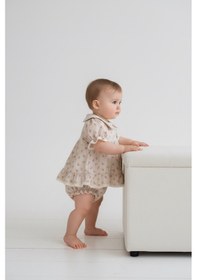 Resim Babymuz Kız Bebek Çiçek Desenli Elbise Ve Külot İki Parça Bej 