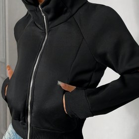 Resim Kadınlar için Dar Kesim Şort Bomber Ceket, Tam Fermuarlı Ön & Kapüşonlu - Siyah Yaka, Kalça Boyundan (Kalça Uzunlukta) Zipperli Makinede yıkanabilir kış montu, şık ve gündelik giysilerle uyumlu H-Line Silüeti Dış Giym 