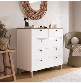 Resim Robin Home Alaska Şifonyer 5 Çekmece Ahşap Ayaklı Sepet-beyaz Beyaz 