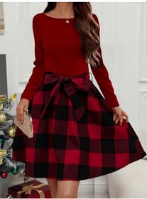 Resim Nnstartshopping Kadın Uzun Kollu Bisiklet Yaka Üst Viskon Alt Ekose Kısa Elbise Kırmızı 