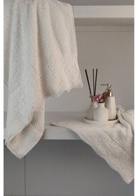 Resim Gipür Dantelli Banyo Havlusu Takımı-%100 Pamuk Banyo Seti-gelin Havlusu Krem Krem 