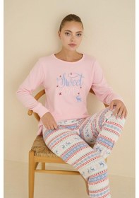 Resim Seamlife Kadın Bisiklet Yaka Düğmesiz Bilekler Lastikli/jogger Yumuşak Termal Kışlık Pijama Takımı Pembe 