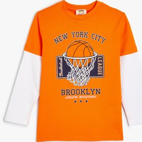 Resim Erkek Çocuk Basketbol Temalı Baskılı Uzun Kollu Bisiklet Yaka Pamuklu Tişört 