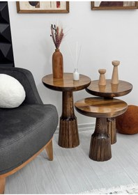 Resim AYLESA Doğal Ahşap 3’lü Set Mantar Yan Sehpa Modern Ceviz Renk Fiskos Zigon Çiçeklik 