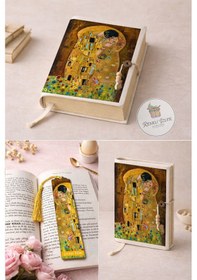 Resim Kitap Kılıfı Ve Metal Kitap Ayracı Seti Gustav Klimt-öpücük 