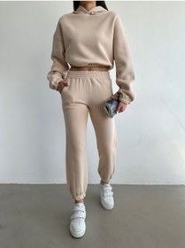 Resim Kadın Pamuklu İçi Polarlı Basic Eşofman Takımı Bej 