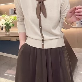 Resim Kadınlar İçin Şık Kardigan - Tek Düğmeli Yuvarlak Yaka Orta Esneklikli Her Mevsim Kullanım, Düz Renk Şık Katmanlı Üst, Günlük ve Resmi Kıyafetler için Hafif Kardigan, Kahverengi Kemeriyle Aksanlı, Zarif Dokuma 