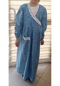 Resim Kız Çocuk Pembe Ve Mavi Renkli Çiçekli Namaz Elbisesi Yüzde Yüz Pamuklu Poplin Kumaş 3-14 Yaş MAvi 