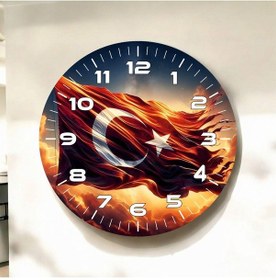 Resim Renkli Baskı Türk Bayrağı Desenli Sayılı Hediyelik Ahşap Sessiz Duvar Saati 50cm ÇOk Renkli 