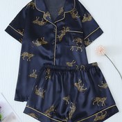 Resim Kadınlar için Sarı Leopar Mavi Saten Pijama Takımı, Yaka Düğmeli Hırka Kısa Kollu Üst ve Şort Pijama Takımı 