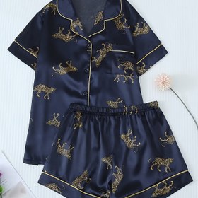 Resim Kadınlar için Sarı Leopar Mavi Saten Pijama Takımı, Yaka Düğmeli Hırka Kısa Kollu Üst ve Şort Pijama Takımı 