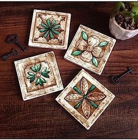 Resim Fas Desenli Vintage Taş Bardak Altlığı Seti - 4 Parça - Dekoratif, Rustik Mutfak Aksesuarı, 10x10 cm, Kaydırmaz Tabanlı, Şık ve Dayanıklı SC145 
