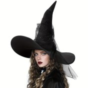 Resim Kadınlar için Şık Siyah Dantel Benzeri Tül Cadı Şapkası, Geniş Kenarlı & Sivri Uçlu - Cadılar Bayramı, Cosplay, Wiccan için Gotik Parti Kostüm Aksesuarı - Süpürge Binme ve Temalı Etkinlikler için Hafif Cadı Şapkası 