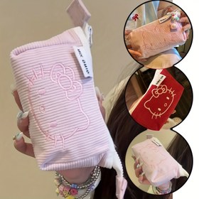 Resim Sanrio Hello Kitty Kadife Kozmetik Kutusu Büyük Kapasiteli Makyaj Çantası Rastgele Baskılı Kalem Kılıfı 