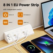 Resim 8'li 1 Arada EU Köşe Priz, Bağımsız Anahtar Kontrollü, 4 AC Çıkış ve 2 USB Type-C Portu, 1.5m Uzatma Kablosu Dahil, Ev, Ofis, Seyahat, Bilgisayar Kullanımı İçin Uygun - Beyaz & Siyah 